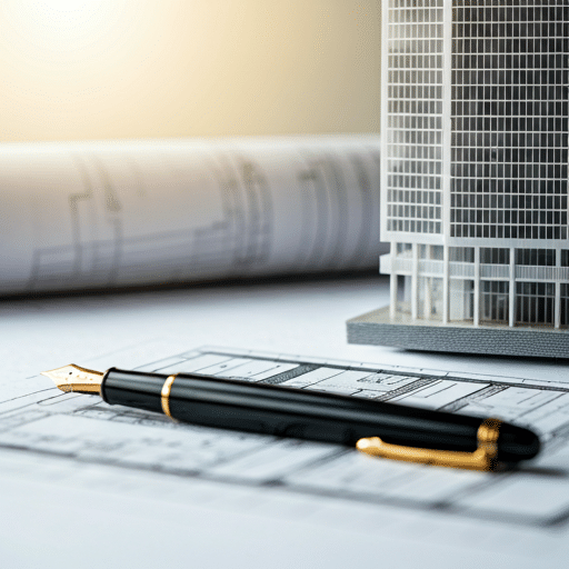 Pen on architectural blueprints beside a building model
