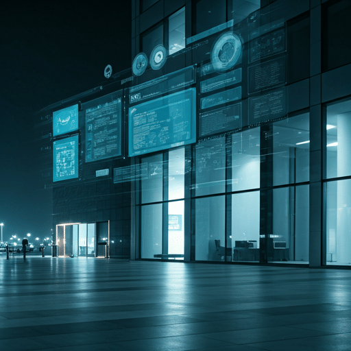 Modern office building lobby at night
