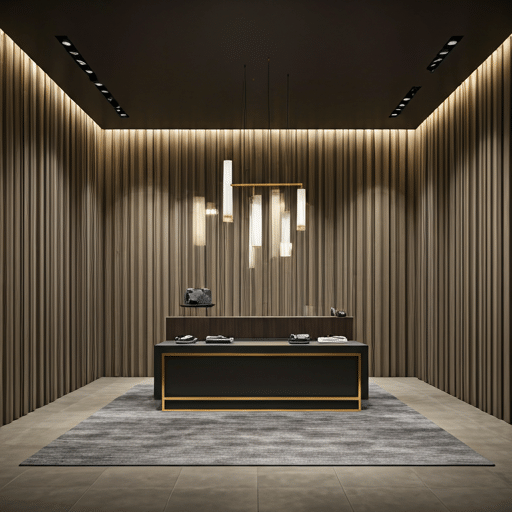 Modern executive office reception with warm lighting
